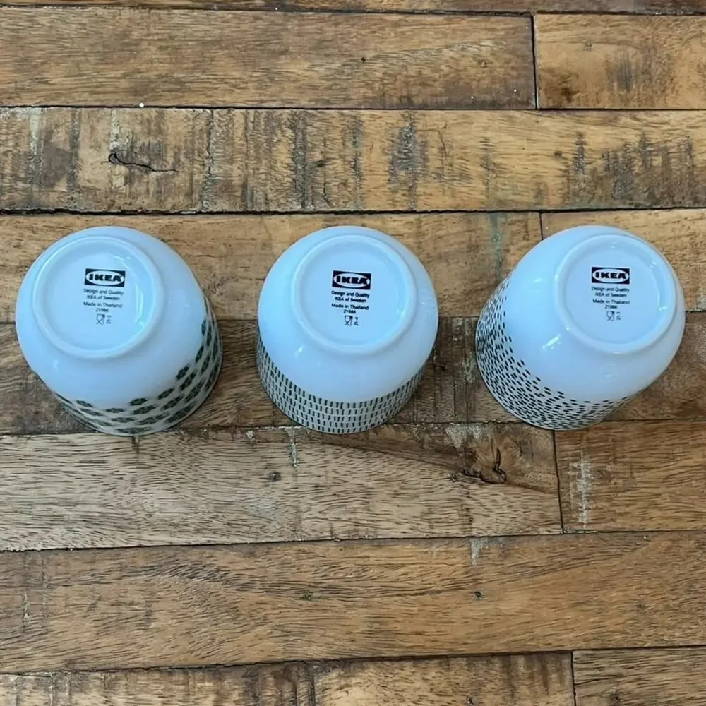 IKEA Entusiasm Set of 3 Tumblers 7 Oz Cups Unique Green & White Patterns